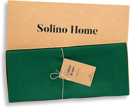 Solino Home Linen Christmas Green Table Runner 132 Inches Long - 100% Pure Linen Extra Long Table Runner 14 x 132 Inch - Fete