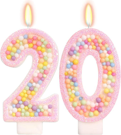 Birthday Candles - Number 20 Candle, Colorful Macaron Candles, 20 Birthday Decorations for Girls, Cake Decorations, Sweet Theme Party Supplies (Pink)