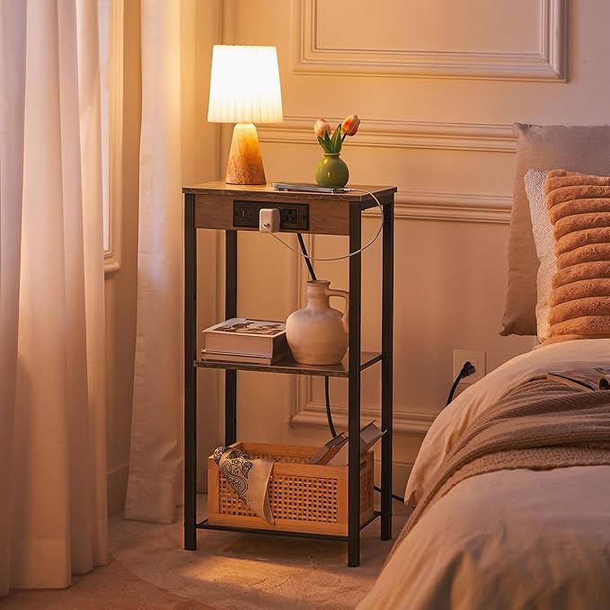 HOOBRO Tall End Table with Charging Station, 30 Inch Tall Nightstand, 3-Tier Small Side Table with Adjustable Shelf, for Living Room, Bedroom, Hallway, Greige BG09UDH01G1
