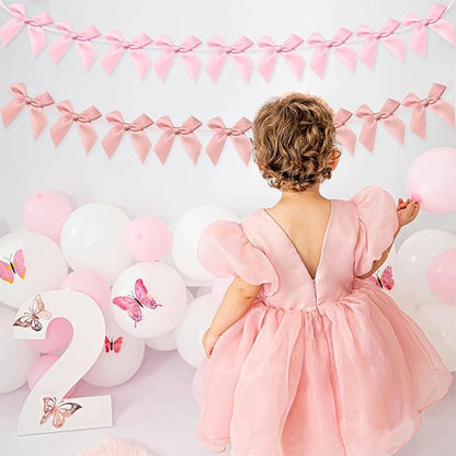 2pcs Bow Garland Banner, Ribbon Bow Party Decorations for Baby Shower Girls Bow Coquette Birthday Party Decor (Peach Pink+Pink)