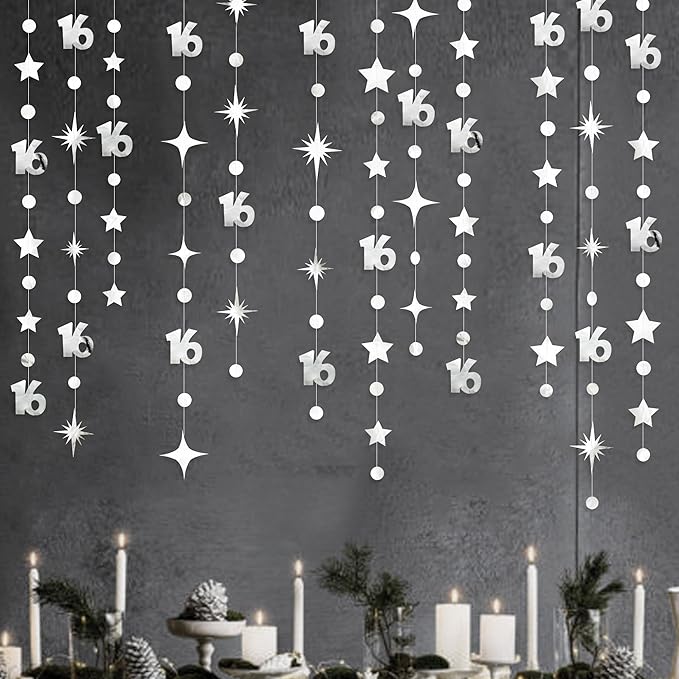 Silver 16th Birthday Decorations Number 16 Circle Dot Twinkle Star Garland Metallic Banner Backdrop for Girls Boys Happy 16th Birthday Sweet Sixteen 16th Anniversary Cheers to 16 Years Party Decor