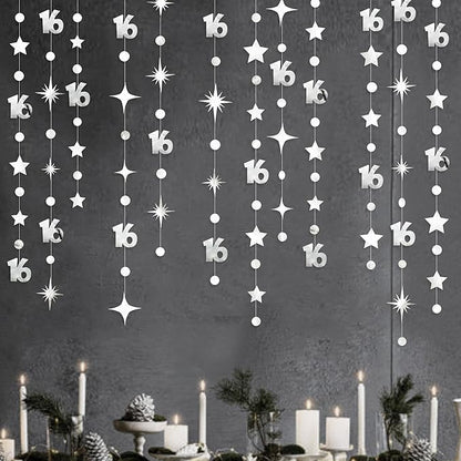 Silver 16th Birthday Decorations Number 16 Circle Dot Twinkle Star Garland Metallic Banner Backdrop for Girls Boys Happy 16th Birthday Sweet Sixteen 16th Anniversary Cheers to 16 Years Party Decor