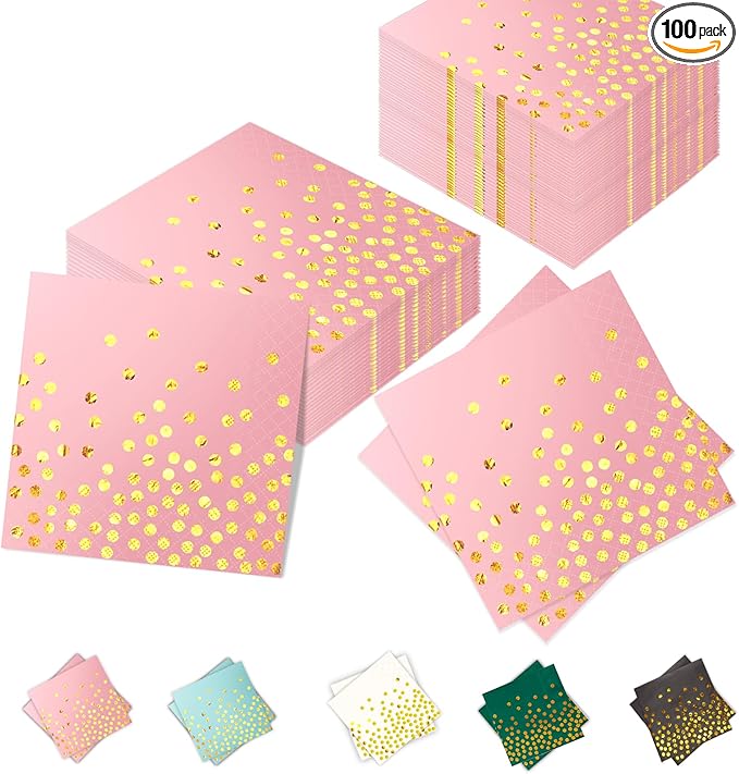 100 Pack 13x13 Inch Disposable Pink and Gold Paper Napkins for Wedding,Birthday,Party