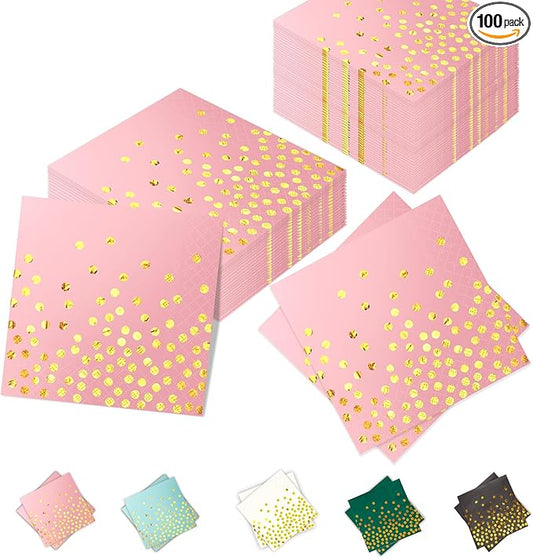 100 Pack 13x13 Inch Disposable Pink and Gold Paper Napkins for Wedding,Birthday,Party
