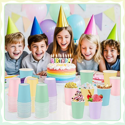 100 Pack Pastel Rainbow Paper Cups, 9oz Pastel Party Cups Colored Paper Cup Bulk, Disposable Drinking Cup for Birthday Holiday Party Supplies, 5 Colors