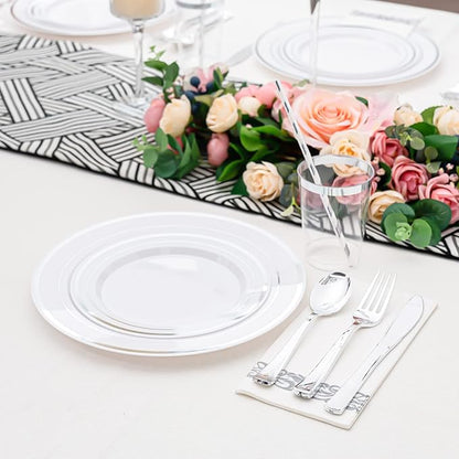 175 PCS Silver Dinnerware Set for 25 Guests, Silver Rimmed Heavy Duty Plastic Disposable Plates for Party Wedding with 25 Dinner Plates,Dessert Plates, Silverware Set, Cups, Napkins