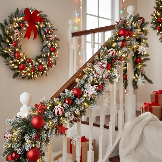 Christmas Garland with Lights 6.56FT Pre-Lit Flocked Garland with 50 LED Battery Operated 8 Lighting Modes - Red Berry & Christmas Ball Decor for Stairs Front Door Fireplace Christmas Decor