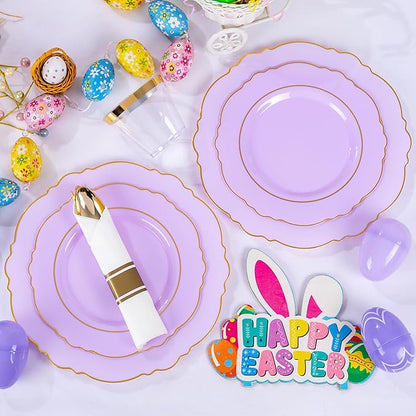 Liacere 350PCS Purple Plastic Plates - Disposable Light Purple and Gold Plates 50guest Baroque Plastic Dinnerware include 100Plates,50Pack Pre Rolled Napkins with Silverware 50Cups for Valentine’s Day