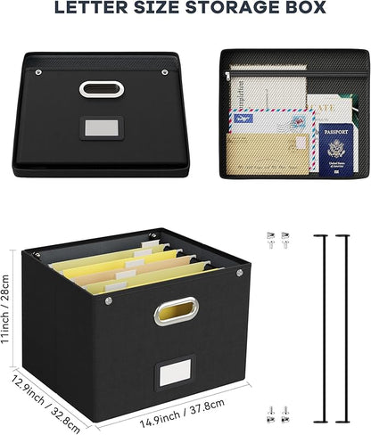 2 Pack File Organizer Box with Lid, Large Hanging Filing Box with Mesh Pocket, Document Organizer for Letter Files, Portable Storage Case for Office&Home (Black)