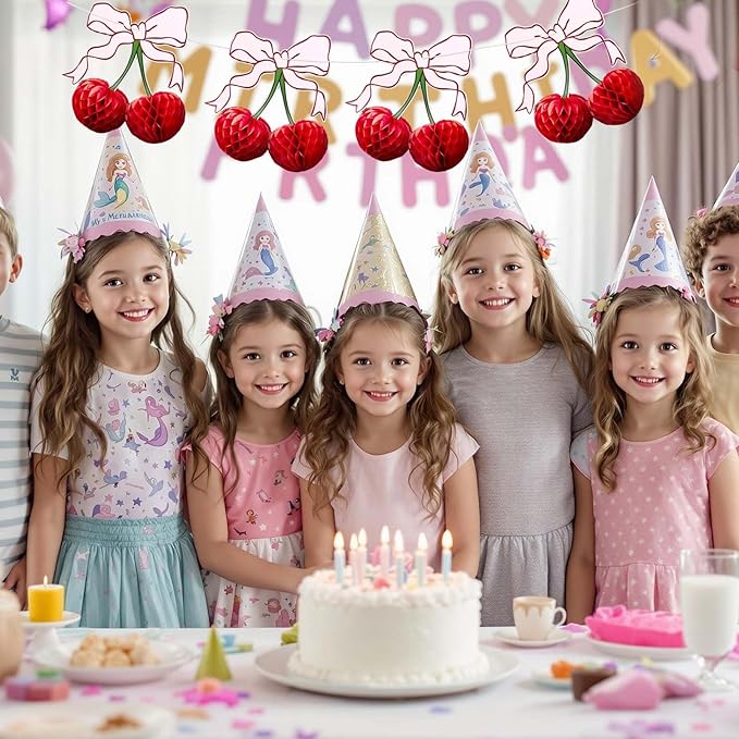 3D Cherry Bow Honeycomb Decorations, 4-Pcs 12 Inch Large Cherry Table Decorations and Cherry On Top Centerpieces, Cherry Decoration for Birthdays Party, Baby Shower & Home Cherry Decorations
