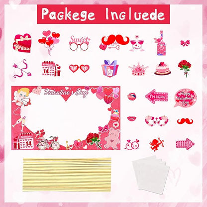 24 Pcs Valentine's Day Photo Booth Props Decor, Valentine's Day Photo Prop Frame and 23 Pcs Valentine Day Photo Booth Props for Happy Valentines Themed Party Supplies Decoration