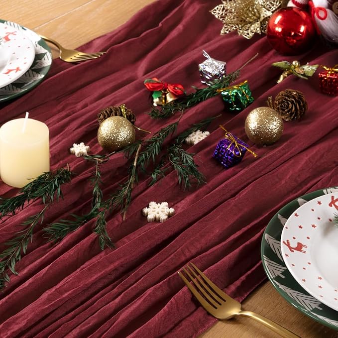 Burgundy Red Cheesecloth Table Runner 6 Pack Christmas Red Table Runners Boho Gauze 120 Inches Cheese Cloth Table Decor for Xmas Holiday Season Parties Weddings Candlelight Dinner