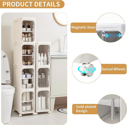 4-Tier Slim Tall Narrow Bathroom Storage Cabinet with Adjustable Shelves and Movable Wheels, Magnetic Doors, Plastic Storage Cabinets and Organizers for Small Space, Cream White