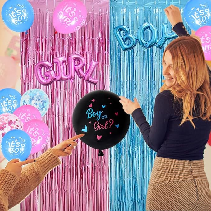 Boy Or Girl Gender Decorations - Pink And Blue Balloons With Fringe Curtains For Gender Reveal Party Photo Backdrop