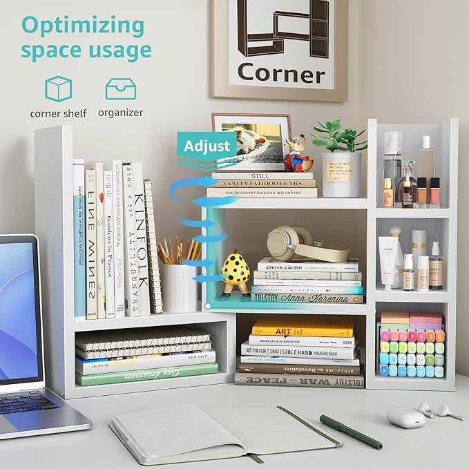 Desk Shelves Desktop Organizer Shlef - White Office Organization for Top of Desk Organizers and Accessories Corner Bookshelf Table Top Shelving Small Hutch Decorations for Women Office