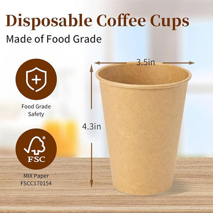 RACETOP [100 Pack] 12 oz Coffee Cups, Disposable Coffee Cups, Kraft Paper Cups, Hot Cups Unbleached for Home, Stores, Cafes, Office