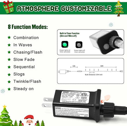 JMEXSUSS 200 LED White Christmas Lights Outdoor, 66ft Connectable Christmas Tree Lights Indoor Green Wire, 8 Modes Waterproof Twinkle String Lights Plug in for Wedding Party Xmas Decorations