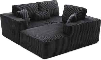 L Shaped Modular Boneless Sectional Couches for Living Room, Wide Armrest, Deep Seat, Memory Foam, Assembly Free, Modern Comfy Corduroy Fluffy Cloud Sofa with Right Chaise, Black