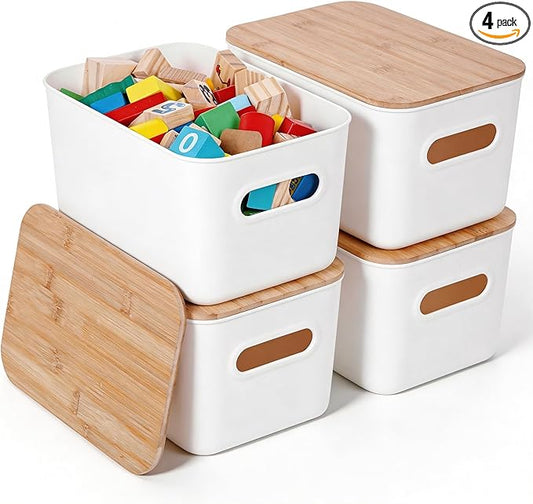 Citylife Storage Bins with Bamboo Lids 6QT Plastic Storage Containers Stackable Organizer Boxes with Handle for Desk Snacks, Toys, 4 PCS, 10" L x 7" W x 6.18" H