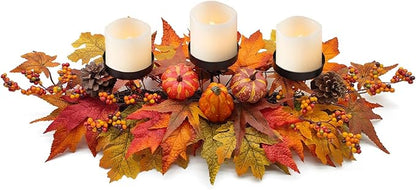 Thanksgiving Centerpiece Fall Table Decorations, Artificial Gourd, Pumpkins, Pine Cones, Maple Leaves and Berries Harvest Table Candle Holder for Dinning Table, Fireplace Mantel (Candle Not Included)
