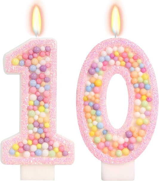 Pink Birthday Candles - Number 10 Candle, Colorful Macaron Candles, 10 Birthday Decorations for Girls Sweet Theme Party Supplies (Pink)