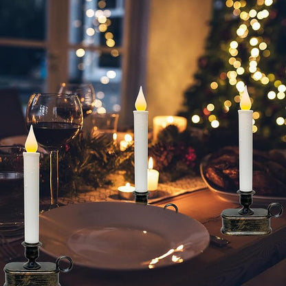 GOOTHY Set of 4 Battery Operated LED Window Candles, Dusk to Dawn Light Sensor, Flicker Flame Christmas Window Candles with Bronze Base, 10 Inch Flameless Taper Candle for Table Bedroom Christmas