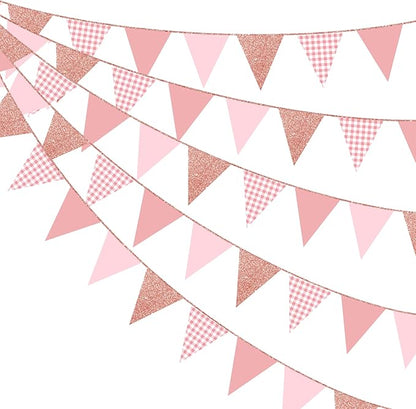 Dusty Rose Pink Buffalo Plaid Rose Gold Party Decorations Pennant Banner Flag Hanging Glitter Paper Triangle Bunting for Women Girls Birthday Baby Shower Wedding Bridal Shower Hen Party Supplies
