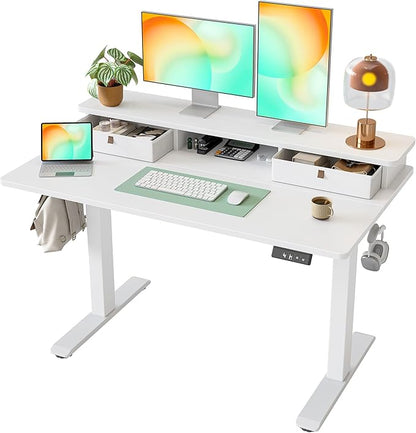 TIQLAB Standing Desk with Two Drawers, Stand Up Standing Desk Adjustable Height, Electric Sit Stand Table with Storage Shelf and Splice Board, 48 * 24 inch, White