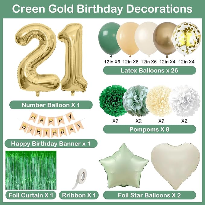 Sage Green 21st Birthday Decorations for Him Gold Number 21 Balloon Nude Gold Happy Birthday Banner Fringe Curtain Paper Pom Poms Olive Green Cream White Sand Star Foil Balloons Party Decor