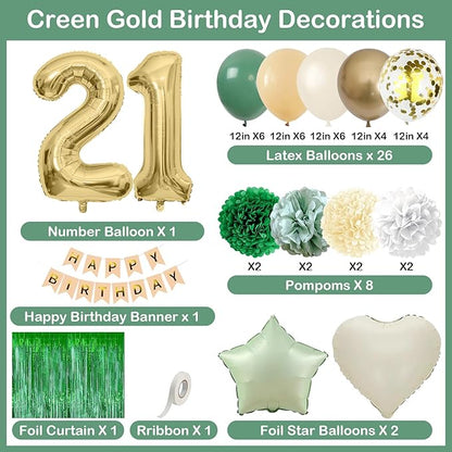 Sage Green 21st Birthday Decorations for Him Gold Number 21 Balloon Nude Gold Happy Birthday Banner Fringe Curtain Paper Pom Poms Olive Green Cream White Sand Star Foil Balloons Party Decor
