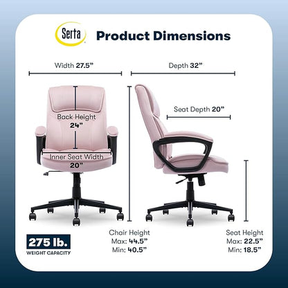 Serta Comfort Classic Executive Office Chair, Ergonomic Mid-Back Computer DeskChair with Lumbar Support, Semi-Plush Cushion and Body Pillows, Padded Armrests, Swivel Base, Pink Velvet Fabric