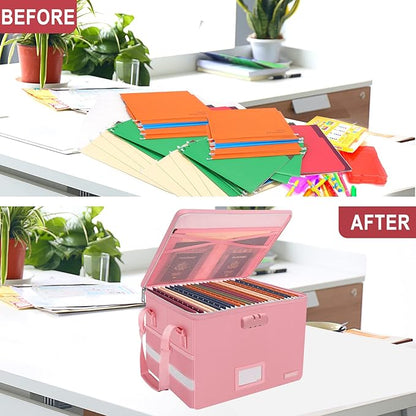ENGPOW File Box with Lock, Fireproof Document Box with Pockets, Collapsible File Organizer Filing Storage Cabinet with Handle, Portable Home Office Safe for Hanging Letter/Legal Folders, Pink, 2 Pack