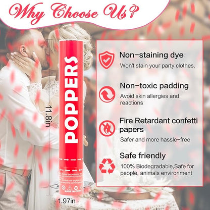 Confetti Cannon 12 Pack Red Biodegradable 12 Inch Party Popper Shooters Bulk for Baby Shower, Wedding, Birthday, Graduation, Party Celebrations