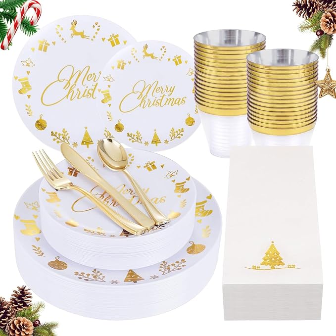 Ciaell 175 Pieces Christmas Plastic Plates - Christmas Gold Plastic Plates include 25Dinner Plate, 25Dessert Plate, 25Knives, 25Forks, 25Spoons, 25cups, 25 Napkins for Xmas Party