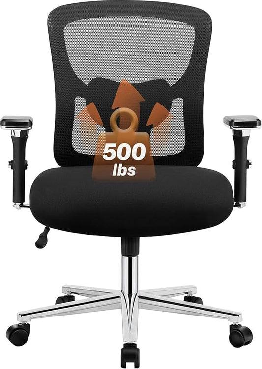 Sweetcrispy Big and Tall Office Desk Chair with Lumbar Support, 500lbs Heavy Duty Mesh Ergonomic Computer Chair with 4D Armrest and Wide Comfy Seat, Wheels for Adult, Black