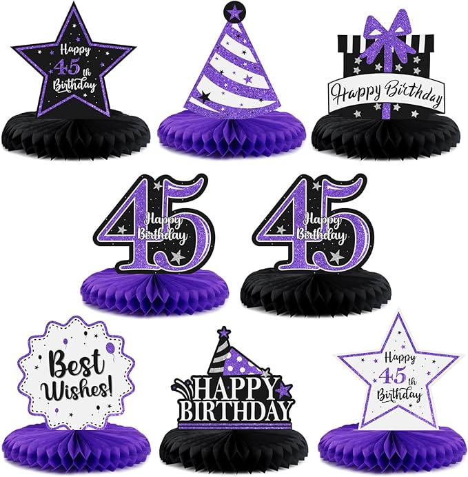 Happy 45th Birthday Decorations,45th Bday Purple Glitter Shiny Stand Honeycomb Table Centerpieces - Cheers to 45 Years Old Birthday Party Photoprop Gift Sign.