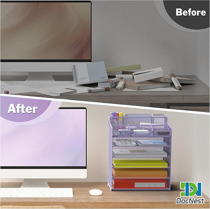 Docnest 6 Tier Mesh Desk Organizer for Paper Office Supplies – Multi-Functional Letter Tray with 5 Adjustable Compartments, 5 Pen Holders, Desktop Storage for Files, Mail, Stationery – Purple