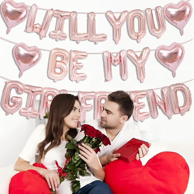 16 Inch Rose Gold Will You Be My Girlfriend Balloons-16 Inch Foil Letters Balloon Rose Gold Heart Balloon Valentines Day Balloons for Wedding Engagements Proposals Party Decorations