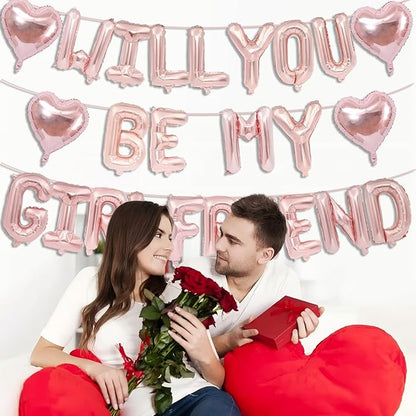 16 Inch Rose Gold Will You Be My Girlfriend Balloons-16 Inch Foil Letters Balloon Rose Gold Heart Balloon Valentines Day Balloons for Wedding Engagements Proposals Party Decorations