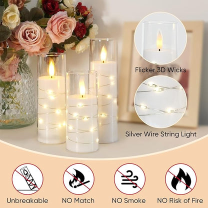 Raycare Flameless Candle with Remote Timer, 7 Flickering Acrylic Battery Operated LED Pillar Candles with Embedded Star String for Christmas, Home Decor, and as a Gift(White)