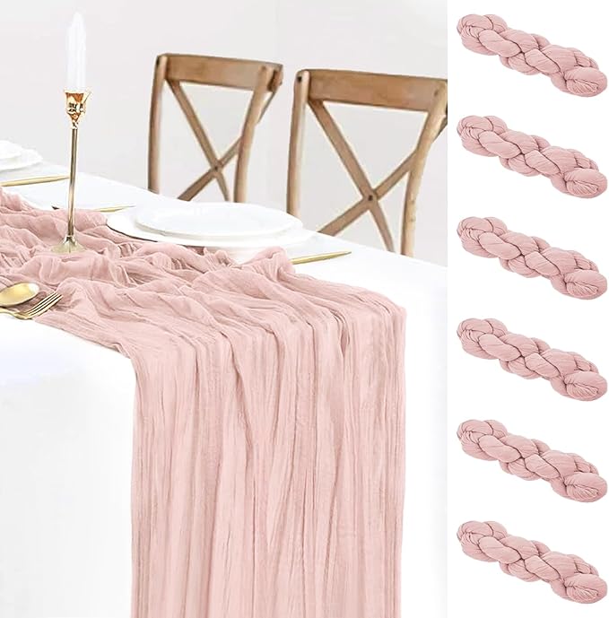 6 Pack Dusty Pink Cheesecloth Table Runner Boho Gauze Table Runner Bulk Rustic Sheer Table Cloth 120 inches for Wedding Bridal Baby Shower Christmas Table Decor