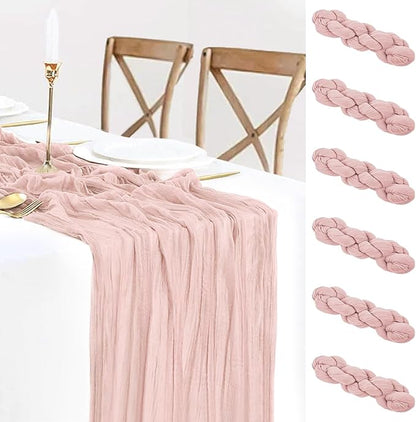 6 Pack Dusty Pink Cheesecloth Table Runner Boho Gauze Table Runner Bulk Rustic Sheer Table Cloth 120 inches for Wedding Bridal Baby Shower Christmas Table Decor