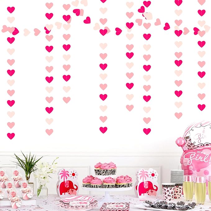 Hot-Pink Party-Decorations Heart Garland - 52Ft Proposal Special Night Galentines Wedding Paper Streamers Banner, Girl Birthday Engagement Bachelorette Decor Lasting Surprise