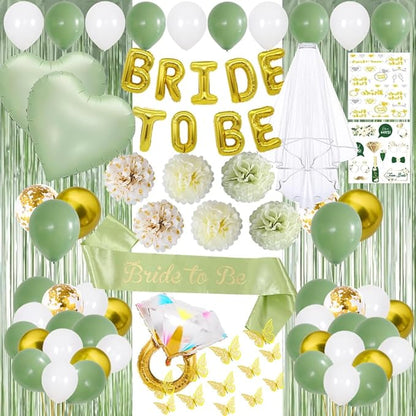 Bridal Shower Decorations,Bachelorette Party Decorations,Bride to Be Bridal Shower with Balloons,Bridal Veil Sash Fringe Curtain for Bachelorette Party favors (Green)