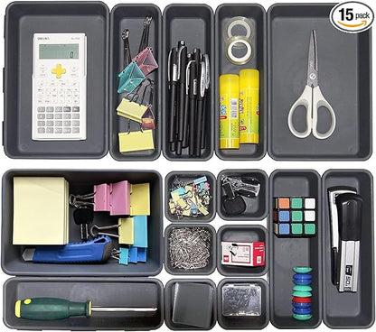 15 PCS Interlocking Desk Drawer Organizer Separator for Office,Bathroom,Kitchen,Makeup（Black）