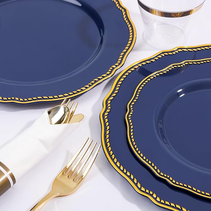 Hioasis 350pcs Blue and gold Plastic Plates - Blue Plastic Dinnerware Set Includes 50 Dinner Plates, 50 Dessert Dinnerware, 50 Cups, 50 Rolled Napkin Cutlery Perfect for Wedding & Christmas