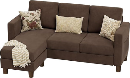 VICTONE Convertible Sectional Sofa Couch, 3 Seat L-Shaped Sofa with Linen Fabric Ottoman Small Couch for Small Apartments, Living Room and Office (Linen Fabric, Brown)