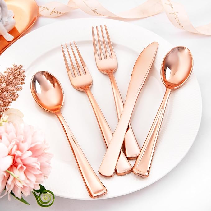 Liacere 100Pack Rose Gold Plastic Silverware - Pre Rolled Napkins with Rose Gold Cutlery - Wrapped Silverware Set Disposable100 Forks Knives Spoons Wrapped Utensils for Wedding＆Valentine's Day