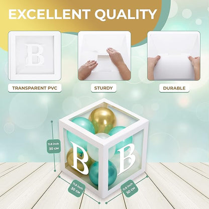 Baby Shower Boxes with Letters – White Boxes with Green, Gold & White Balloons – 44-Piece Gender Reveal & Party Decoration Set by Vellax