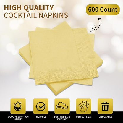 Cocktail Napkins - 600 Count 2-Ply Yellow Napkins Disposable, 4.75 x 4.75 Inch Folded Paper Napkins Bulk Beverage Napkins for Dinner Wedding Bar Party and Everyday Use